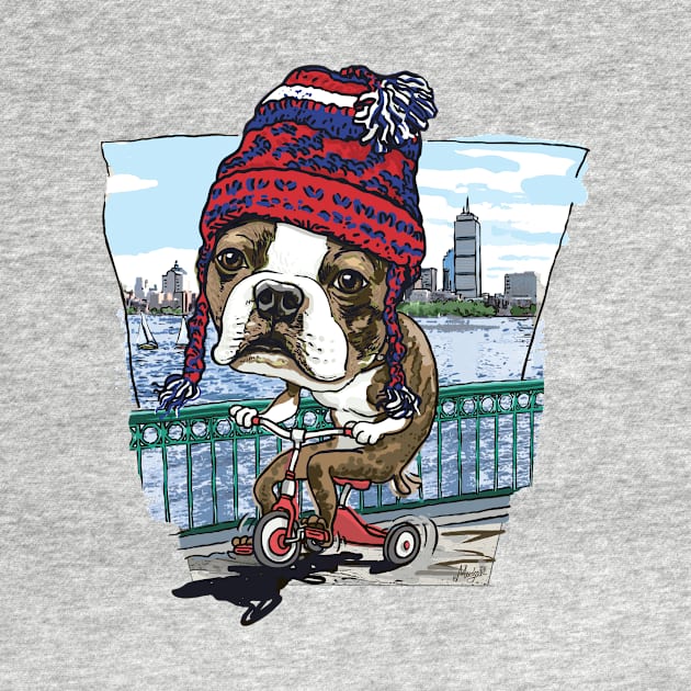 Boston Terrier Dog with Red, Blue and White Winter Beanie by Mudge